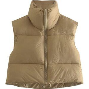 Women's Winter Cropped Puffer Vest Crop Jacket, Khaki